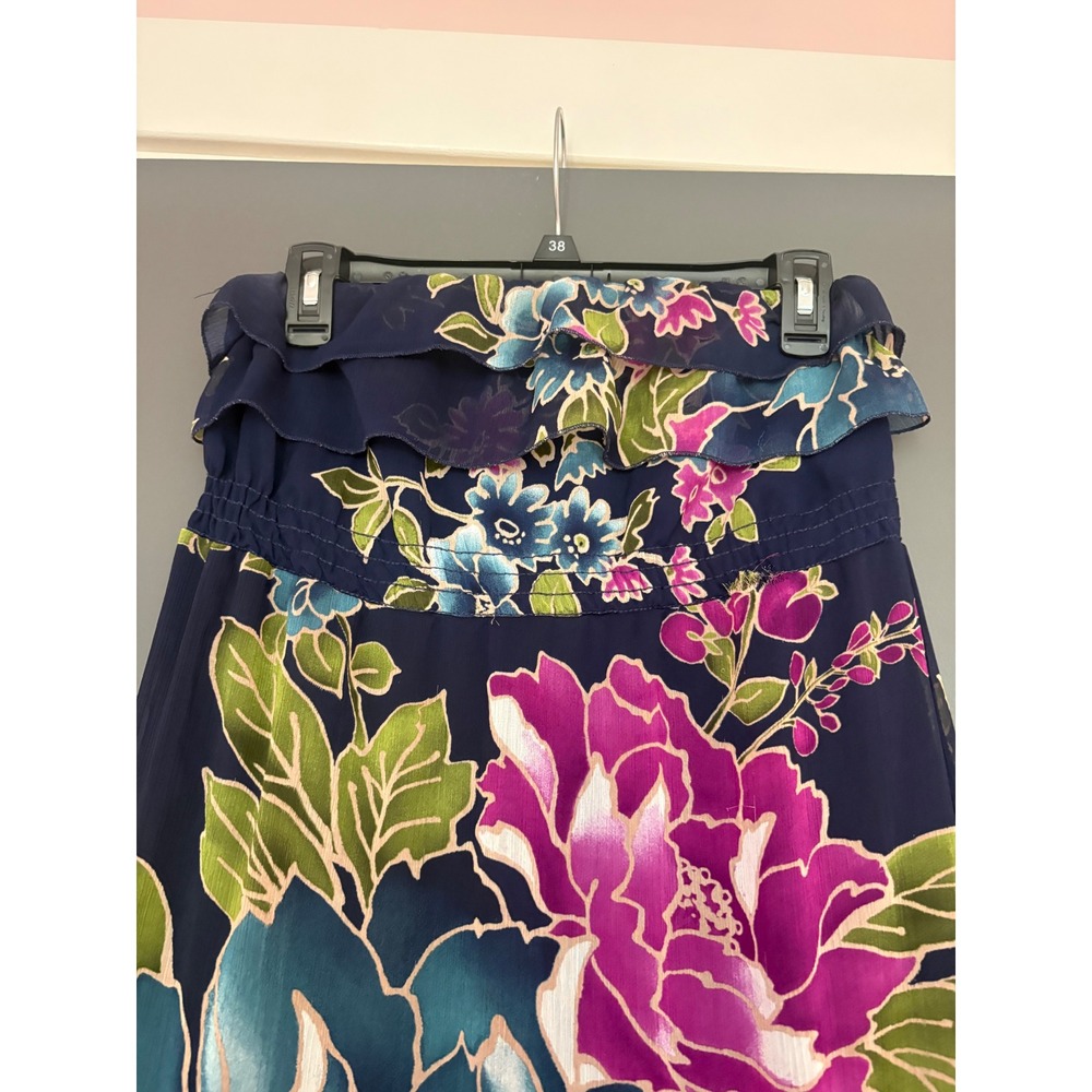 Floral Strapless Maxi Dress Navy Blue Pink Teal Ruffle Tube Top Summer Chiffon - Picture 3 of 6